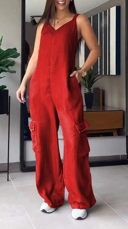 Women Thin Denim Cargo Pocket V-neck Jumpsuit