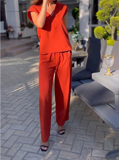 Women Casual V-neck Short-sleeved Two-piece Suit