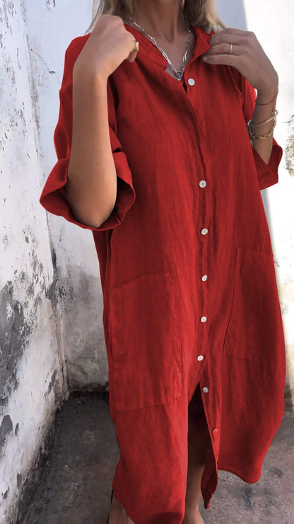 Women Linen Shirt Dress Casual Plus Size Midi Dress