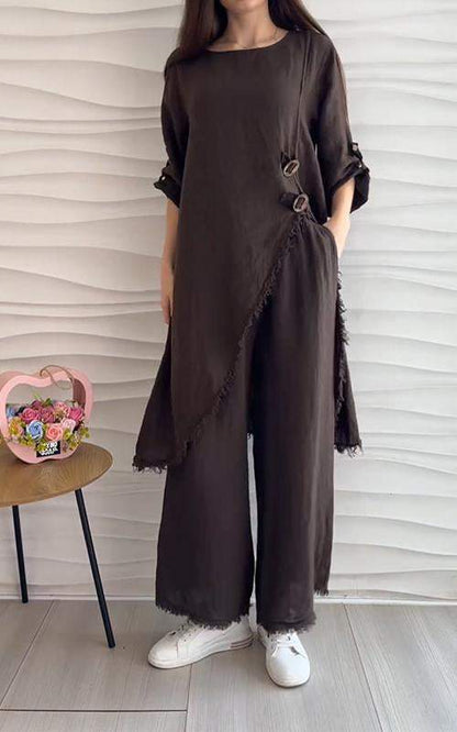 Women Linen Set Cotton and Linen Casual Round Neck Two-piece Suit