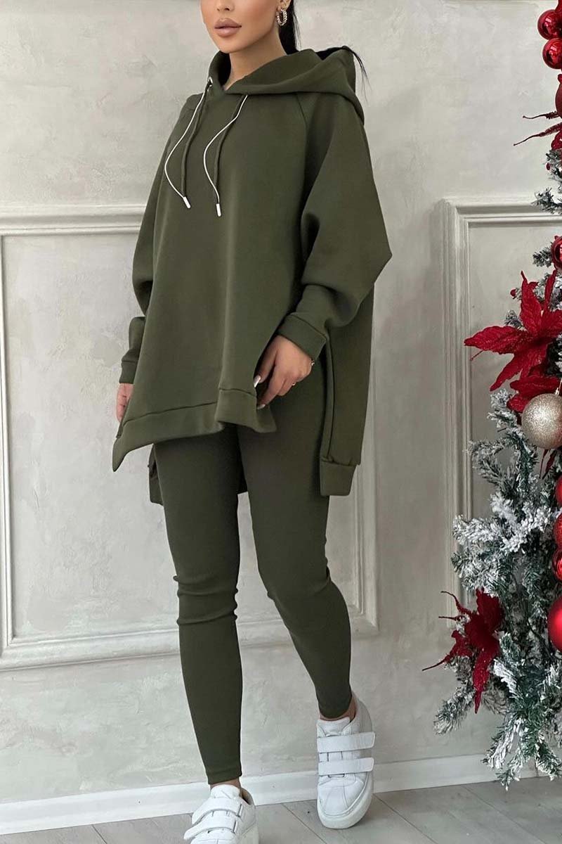 Women's casual solid color slit hem hooded sweatshirt sports suit