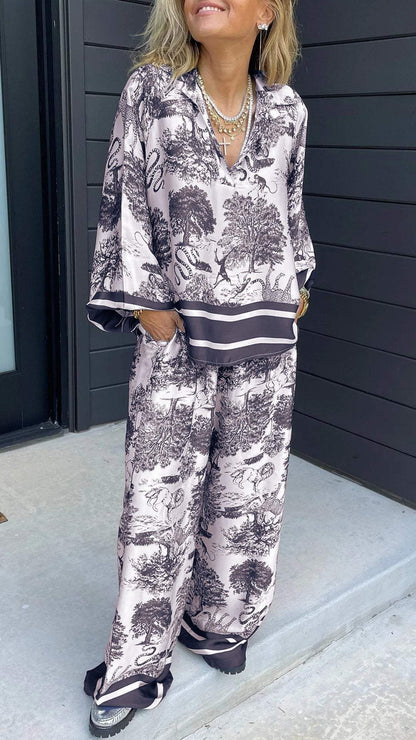 Women V-neck Tree Printed Set Long-sleeved Casual Pant Suit