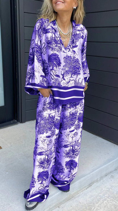 Women V-neck Tree Printed Set Long-sleeved Casual Pant Suit