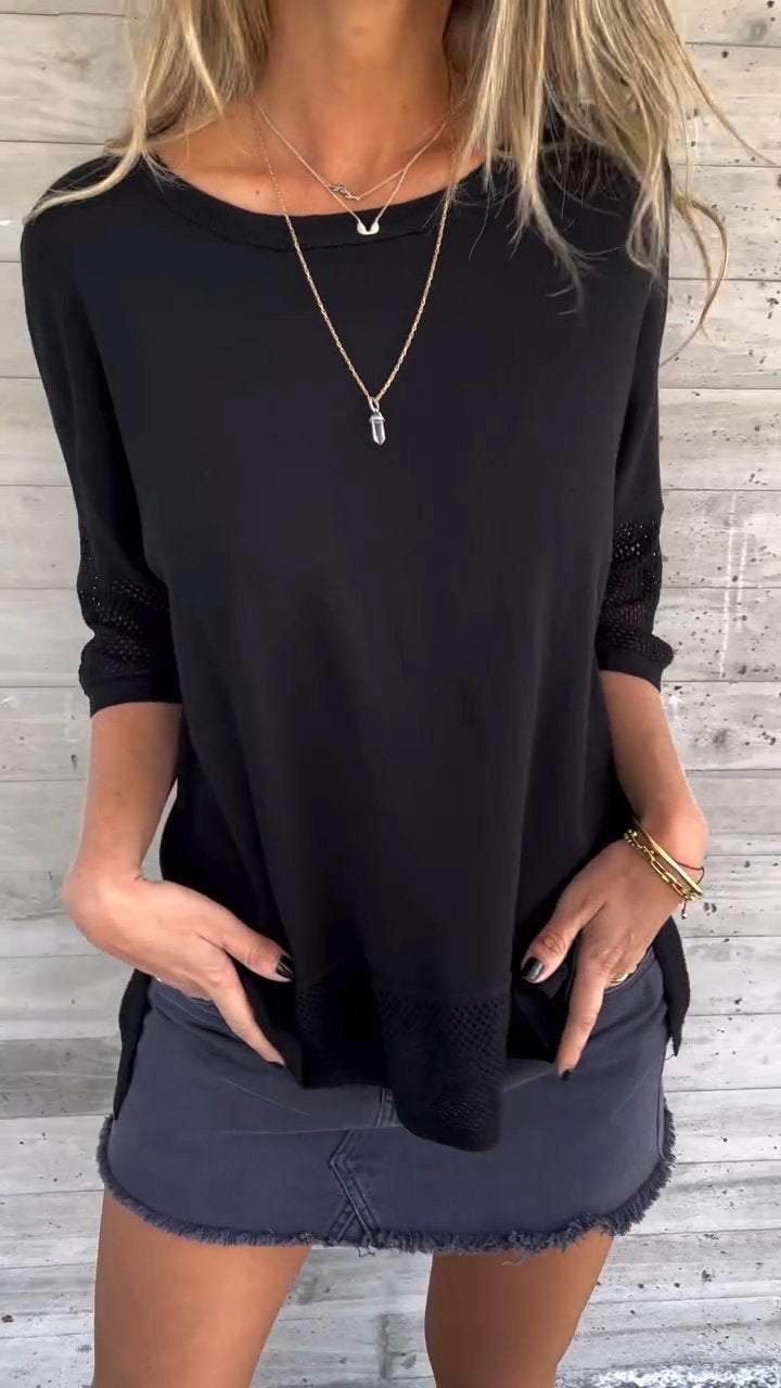 Women Casual Round Neck Hollow Sleeve Top