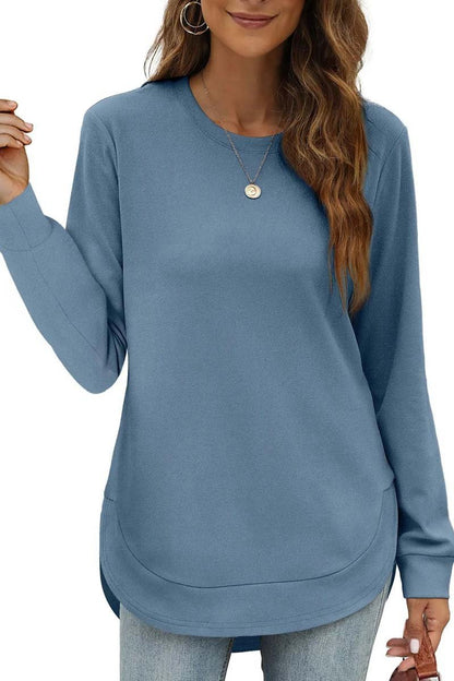 Women's Casual Round Neck Long Sleeve Curved Hem Top