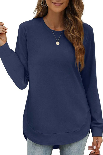 Women's Casual Round Neck Long Sleeve Curved Hem Top