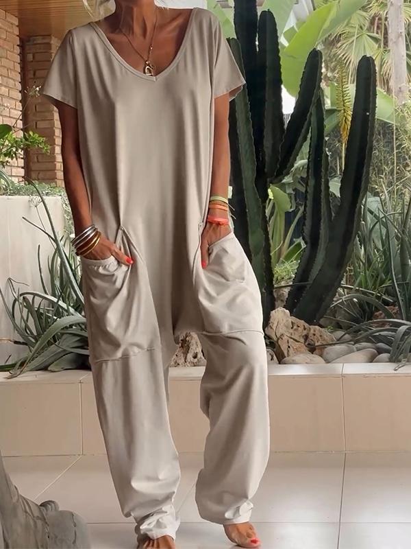 Women Casual V-neck Jumpsuit Pocket Solid Color Jumpsuit