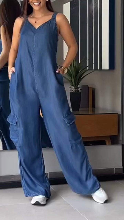 Women Thin Denim Cargo Pocket V-neck Jumpsuit