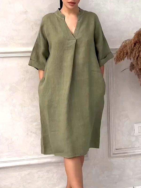 Women Comfortable spring and summer cotton and linen v-neck solid color dress