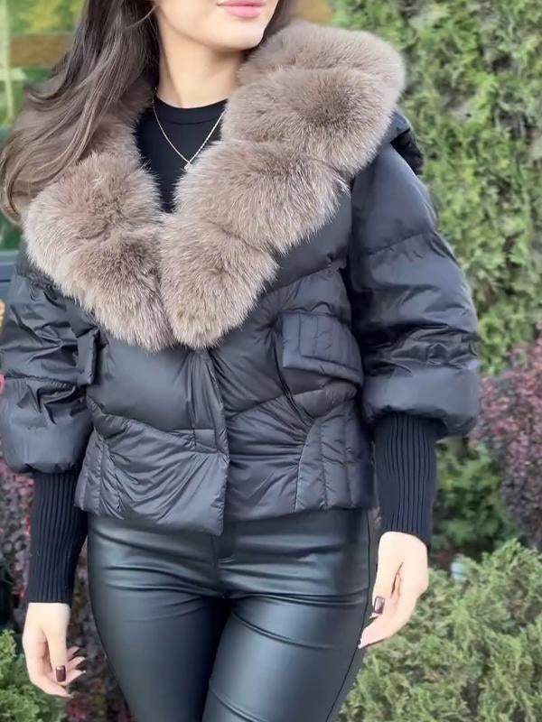 Women's Fur Lapel Patchwork Sleeve Short Cotton Coat