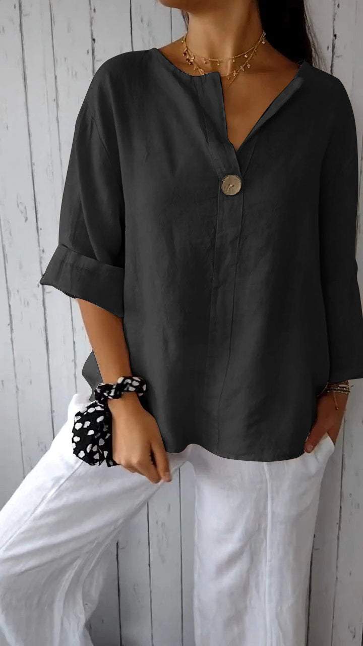 V-neck Mid-sleeve Cotton and Linen Top