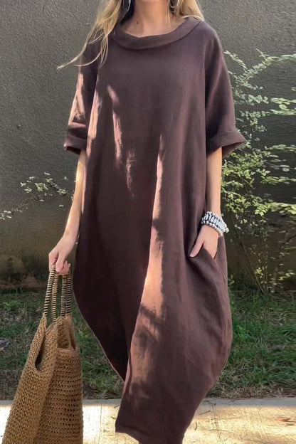 Women's casual solid color cotton and linen dress