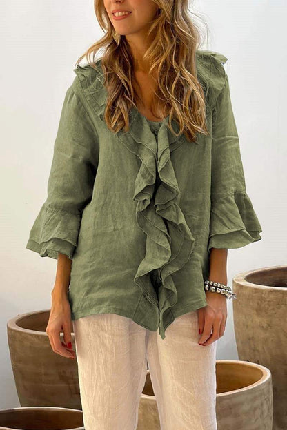 Women's casual ruffle collar cotton and linen tops