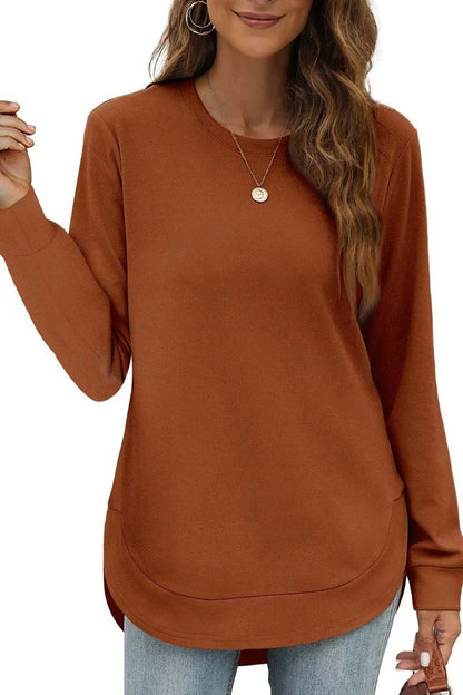 Women's Casual Round Neck Long Sleeve Curved Hem Top