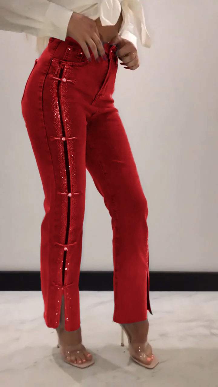 Women's Hot Diamond Patchwork Design Slit Slim Jeans