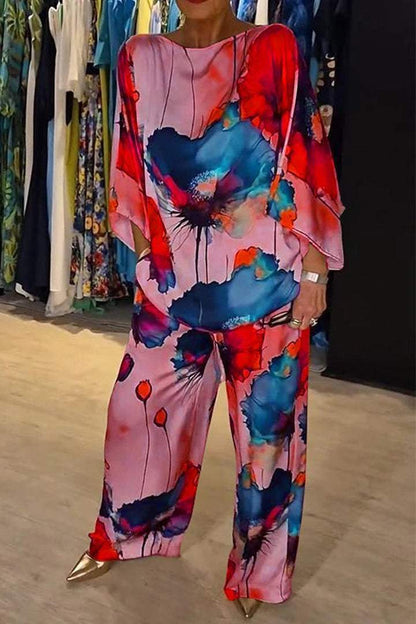 Women Casual Floral Printed Set Crew Neck Satin Two Piece Suit