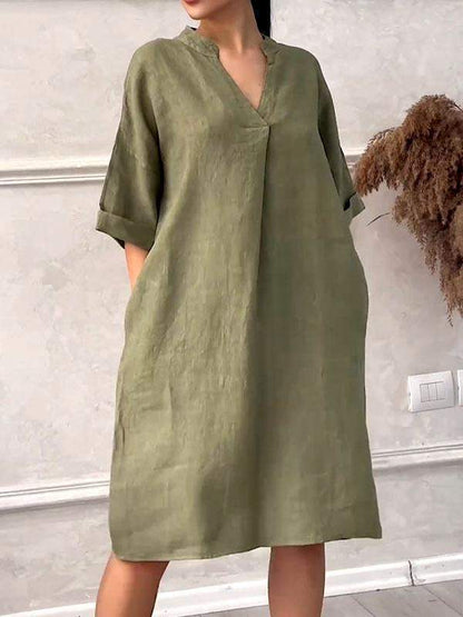 Women Comfortable spring and summer cotton and linen v-neck solid color dress