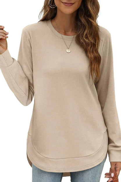 Women's Casual Round Neck Long Sleeve Curved Hem Top