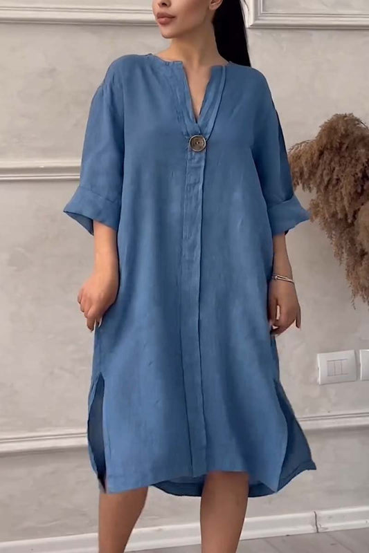 Women Casual buttoned cotton and linen dress