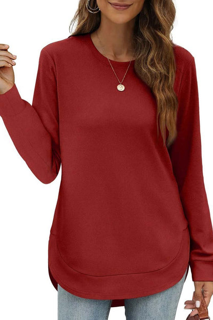 Women's Casual Round Neck Long Sleeve Curved Hem Top