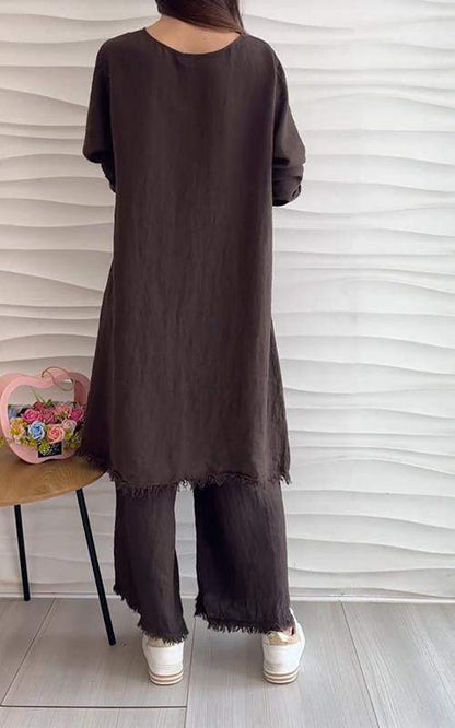 Women Linen Set Cotton and Linen Casual Round Neck Two-piece Suit