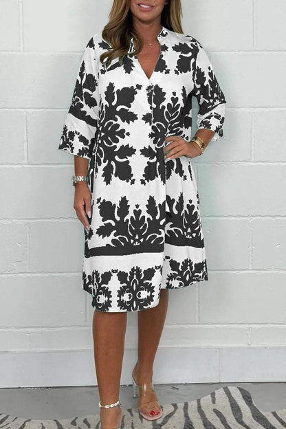 Women's V neck patterned tunic long sleeve dress