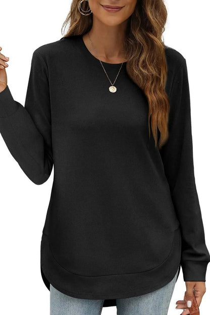 Women's Casual Round Neck Long Sleeve Curved Hem Top