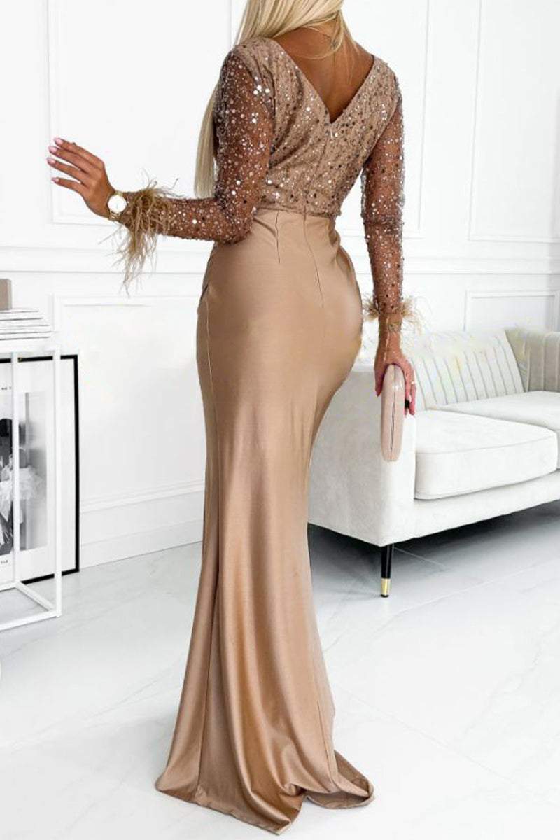 Women's V-neck Sexy Slit Slim Fit Sequined Feather Stitching Maxi Dress