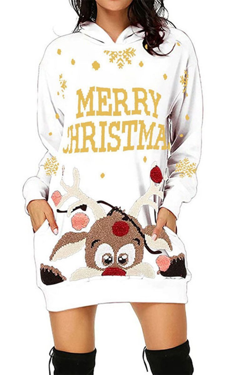 Women's Casual Christmas Printed Long Sleeve Hooded Dress