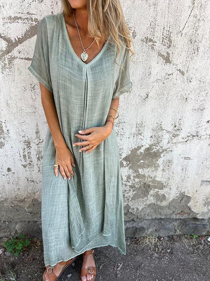 Women casual dress Cotton and Linen V-neck Midi Dress