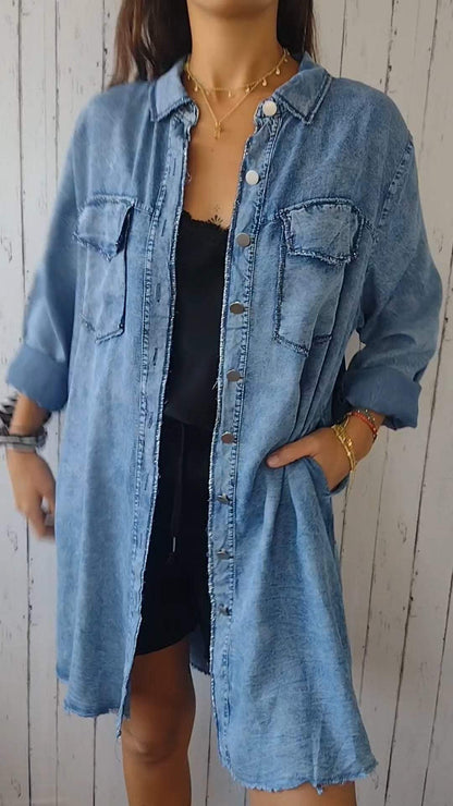 Faux Denim Comfortable Long Coat Shirt