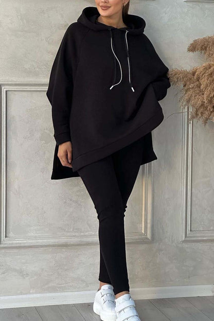 Women's casual solid color slit hem hooded sweatshirt sports suit