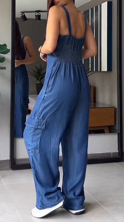 Women Thin Denim Cargo Pocket V-neck Jumpsuit