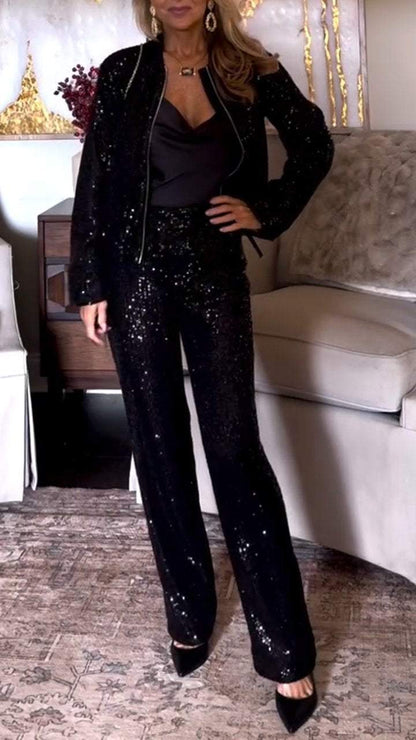 Women's Round Neck Zipper Sequin Top + Trousers Casual Suit