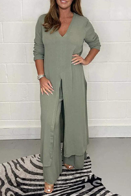 Women Summer Pant Suit Cotton V-neck Slit Casual Two-piece Set