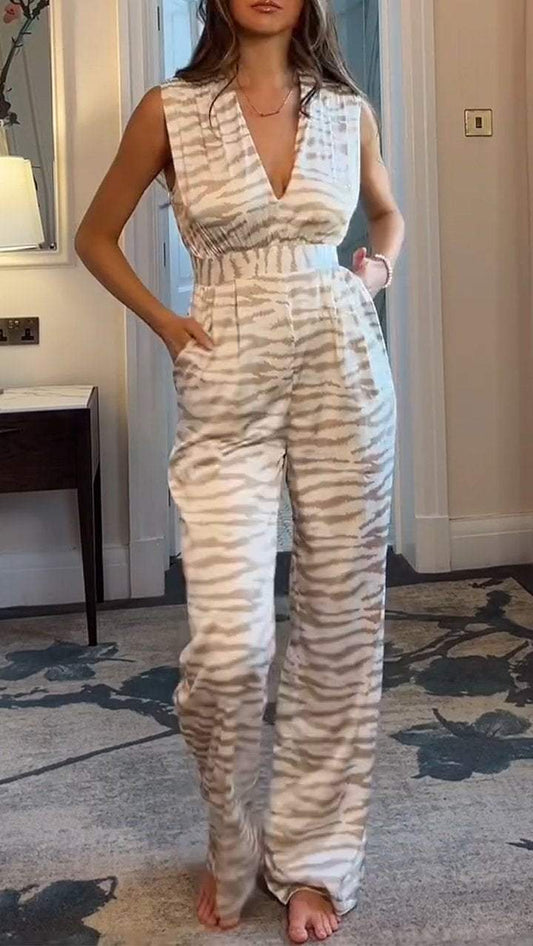 Women's V-neck Sleeveless Zebra Print Jumpsuit