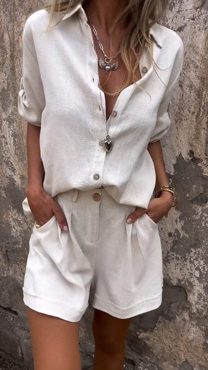 Women Middle Sleeves Cotton and Linen Lapel Shirt Suit