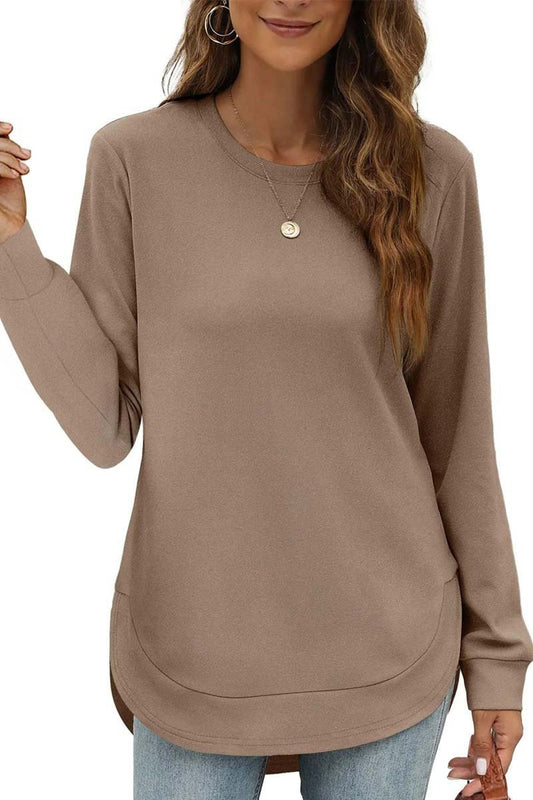 Women's Casual Round Neck Long Sleeve Curved Hem Top