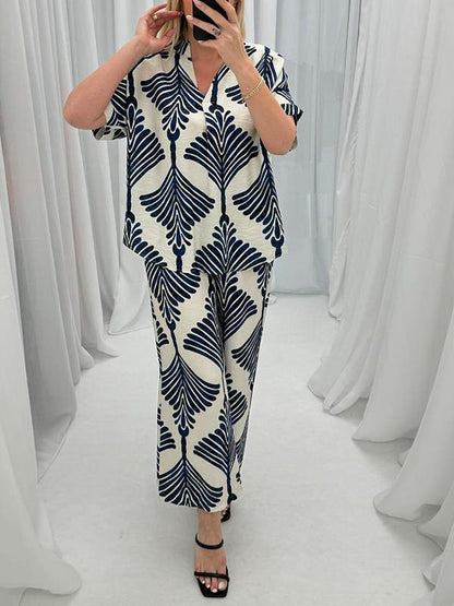 Women Casual V-neck Printed Two-piece Suit