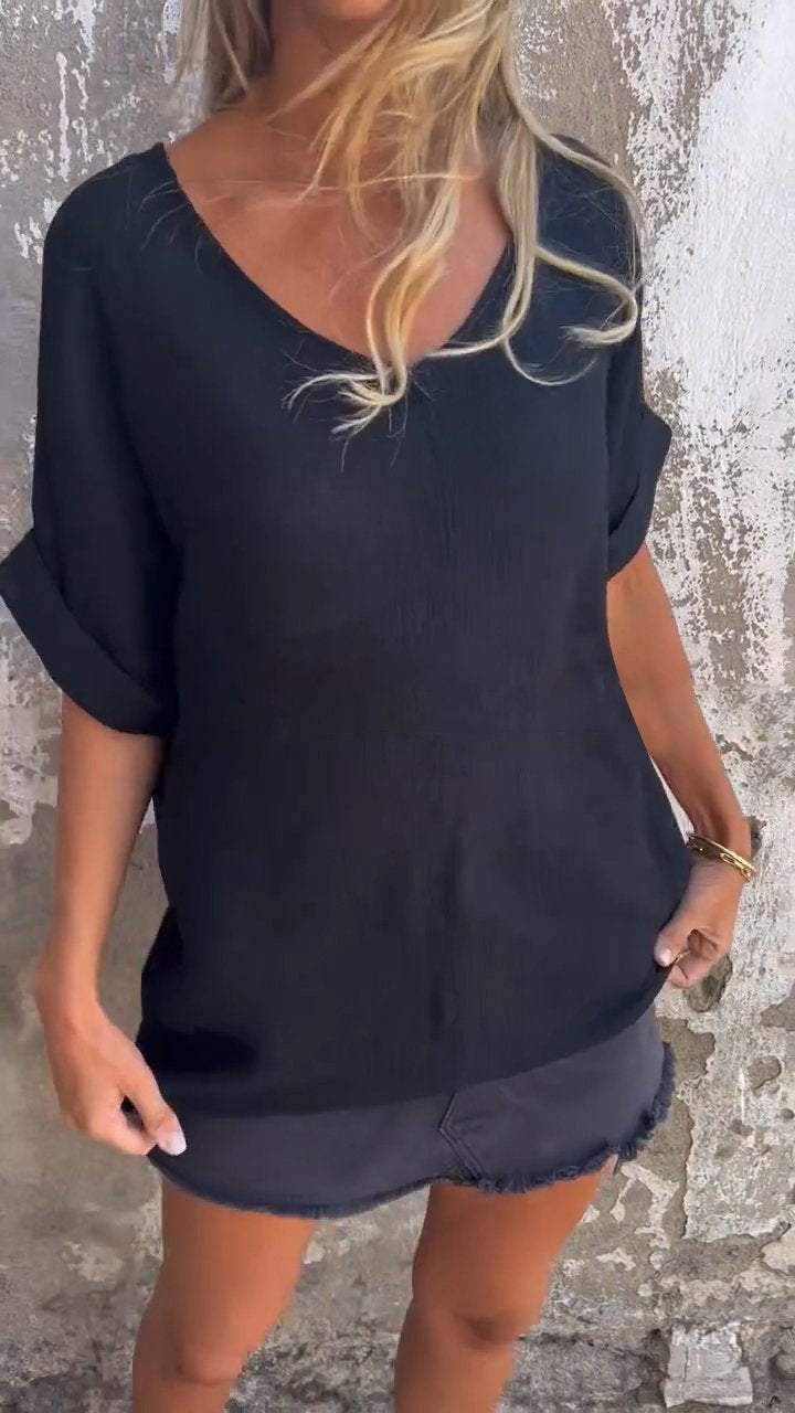 Women V-neck Mid-sleeve Casual Top