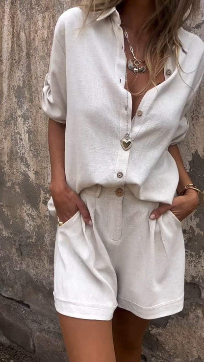 Women Middle Sleeves Cotton and Linen Lapel Shirt Suit