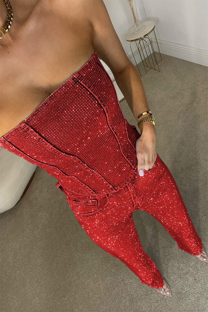 Women's Sexy Off-shoulder Sparkling Diamond Pants Suit