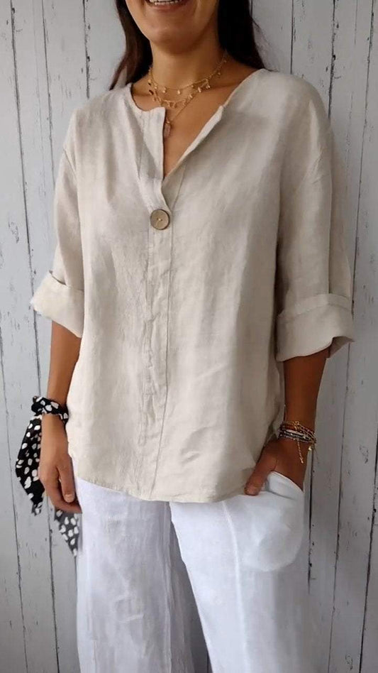 V-neck Mid-sleeve Cotton and Linen Top