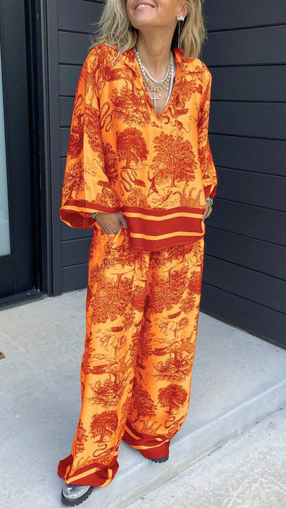 Women V-neck Tree Printed Set Long-sleeved Casual Pant Suit