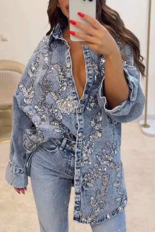 Women's Denim Sequin Embroidered Lapel Top