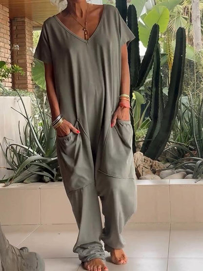 Women Casual V-neck Jumpsuit Pocket Solid Color Jumpsuit