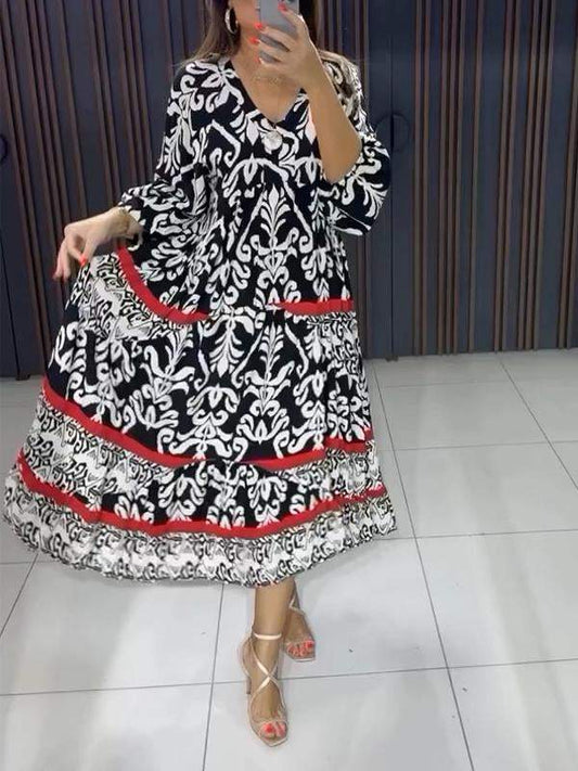 Women's V-neck Printed Long-sleeved Dress