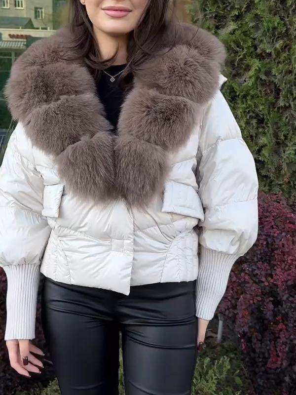 Women's Fur Lapel Patchwork Sleeve Short Cotton Coat