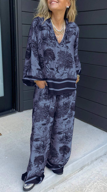 Women V-neck Tree Printed Set Long-sleeved Casual Pant Suit