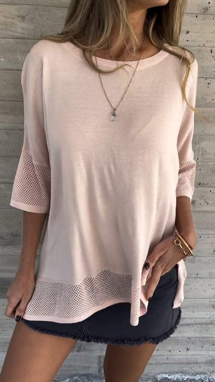 Women Casual Round Neck Hollow Sleeve Top